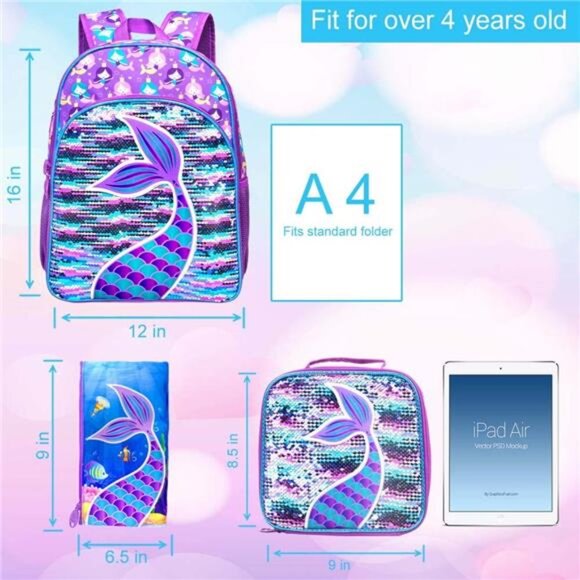 3PCS Kids Backpacks for Girls, 16" Little Kid Mermaid Sequin Preschool - Picture 4 of 10